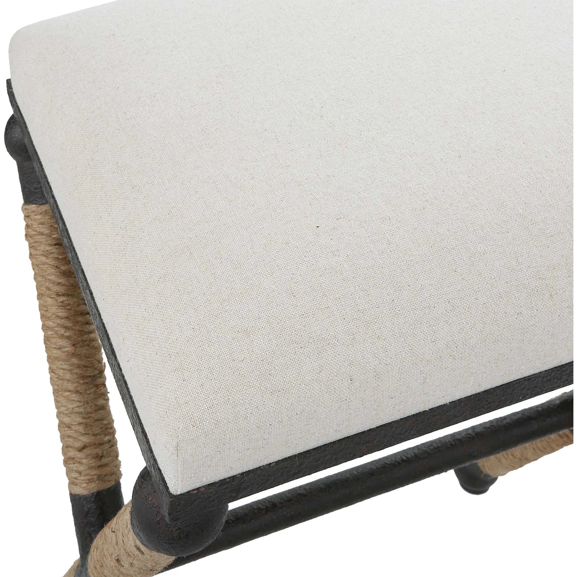 Firth Rustic Oatmeal Counter Stool by Uttermost in black, natural. Made from mdf, farbic, iron, foam, rope in a coastal style.