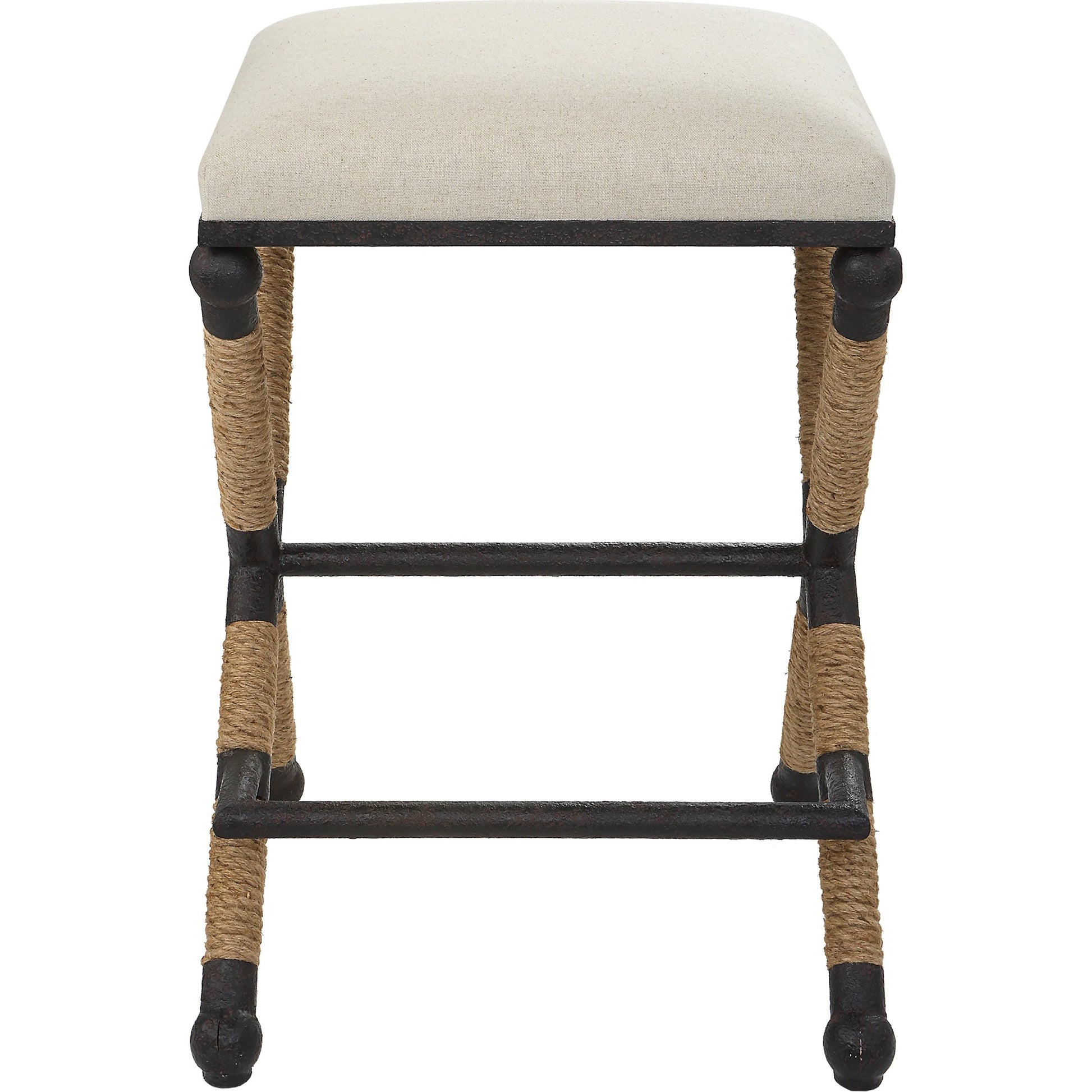Firth Rustic Oatmeal Counter Stool by Uttermost in black, natural. Made from mdf, farbic, iron, foam, rope in a coastal style.