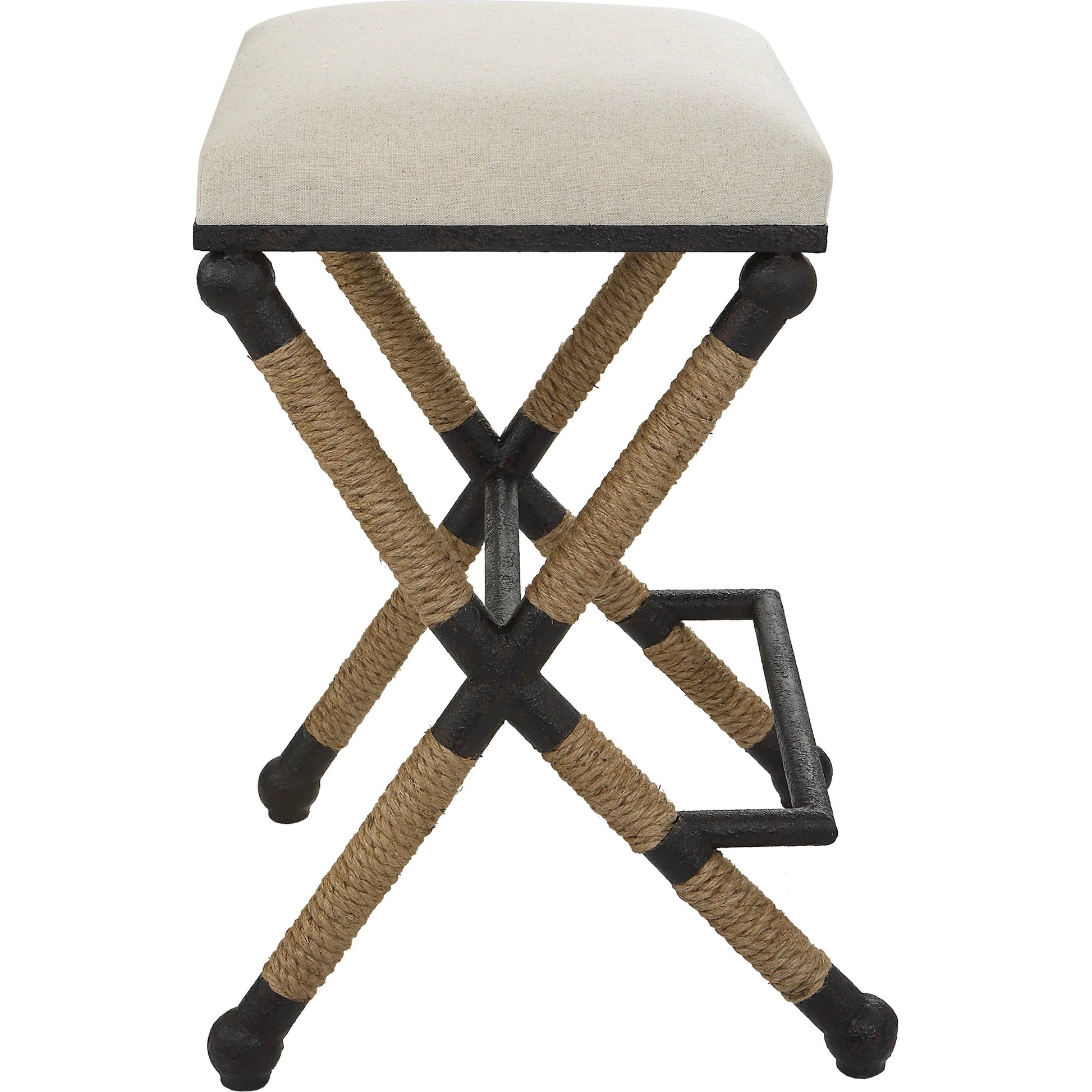 Firth Rustic Oatmeal Counter Stool by Uttermost in black, natural. Made from mdf, farbic, iron, foam, rope in a coastal style.