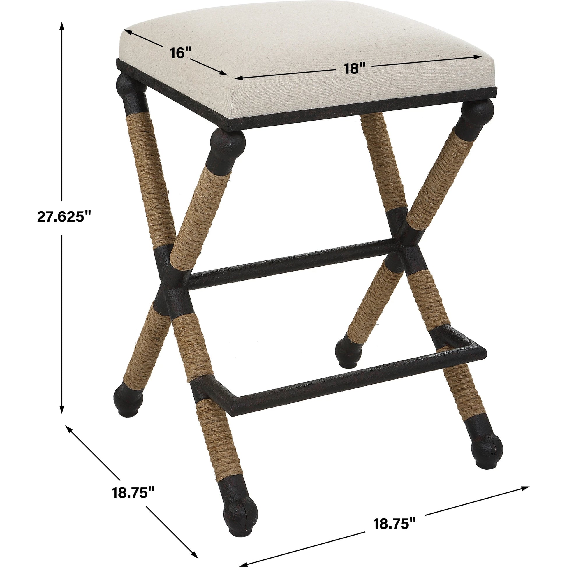 Firth Rustic Oatmeal Counter Stool by Uttermost in black, natural. Made from mdf, farbic, iron, foam, rope in a coastal style.