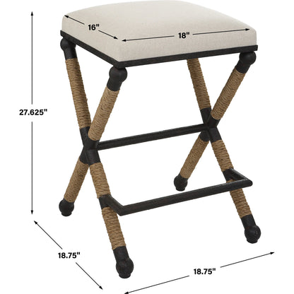 Firth Rustic Oatmeal Counter Stool by Uttermost in black, natural. Made from mdf, farbic, iron, foam, rope in a coastal style.