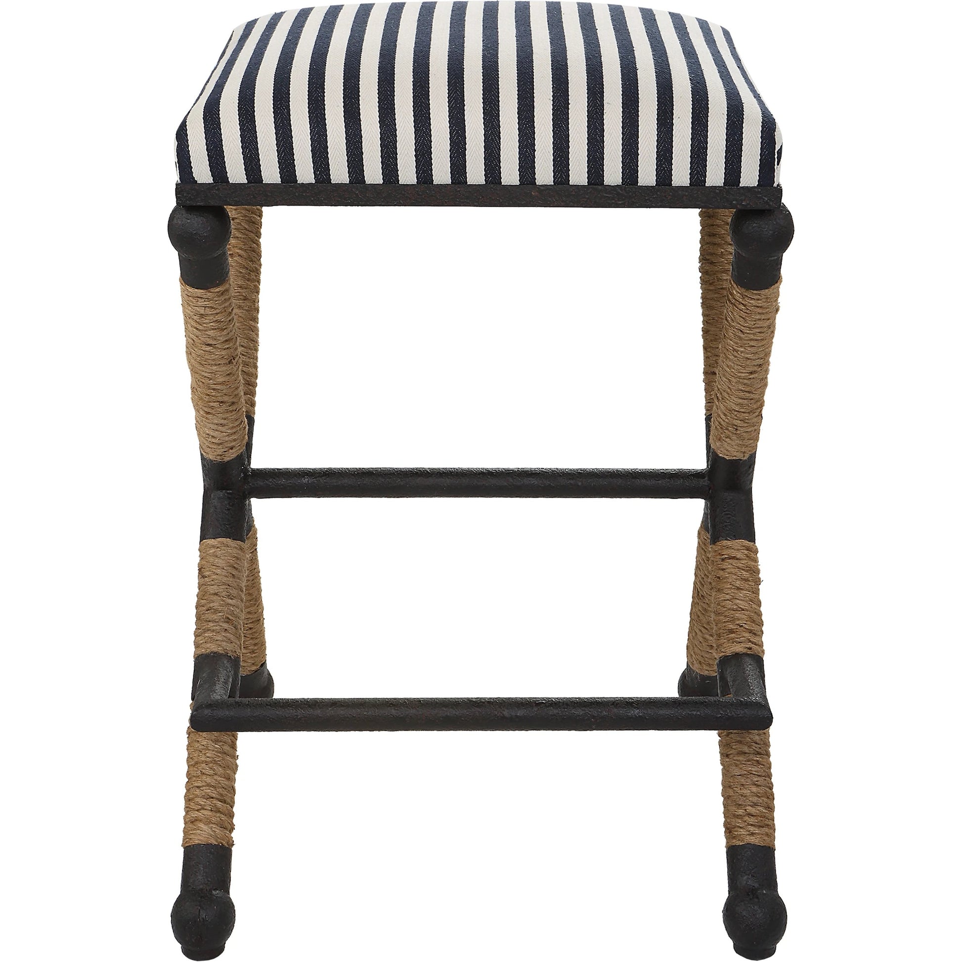 Braddock Counter Stool by Uttermost in navy, cream and iron. Made from mdf, farbic, iron, foam, rope in a coastal style.