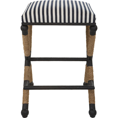 Braddock Counter Stool by Uttermost in navy, cream and iron. Made from mdf, farbic, iron, foam, rope in a coastal style.