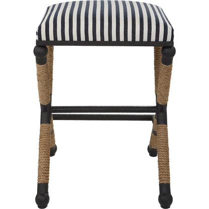 Braddock Counter Stool by Uttermost in navy, cream and iron. Made from mdf, farbic, iron, foam, rope in a coastal style.