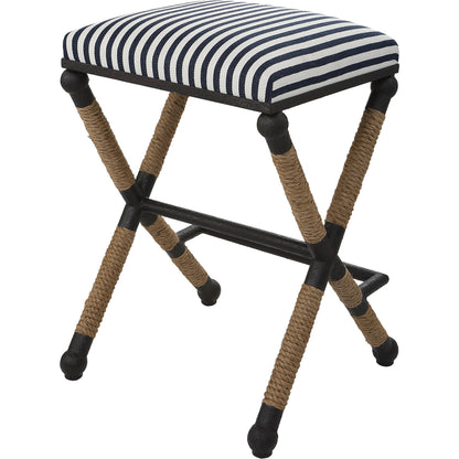 Braddock Counter Stool by Uttermost in navy, cream and iron. Made from mdf, farbic, iron, foam, rope in a coastal style.