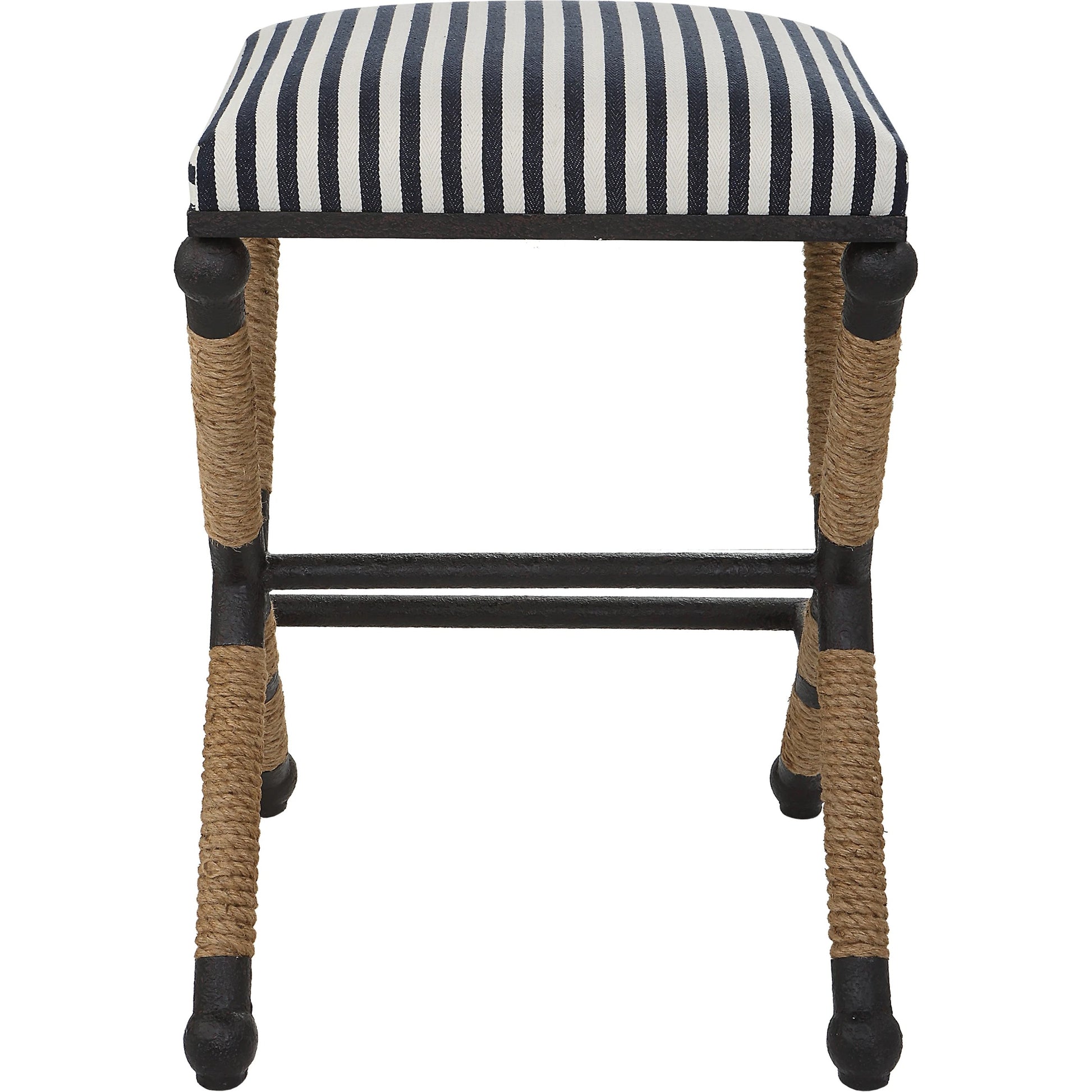 Braddock Counter Stool by Uttermost in navy, cream and iron. Made from mdf, farbic, iron, foam, rope in a coastal style.