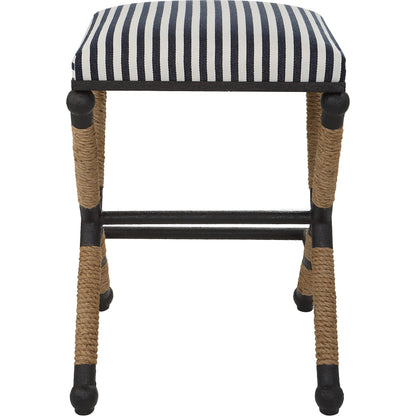 Braddock Counter Stool by Uttermost in navy, cream and iron. Made from mdf, farbic, iron, foam, rope in a coastal style.