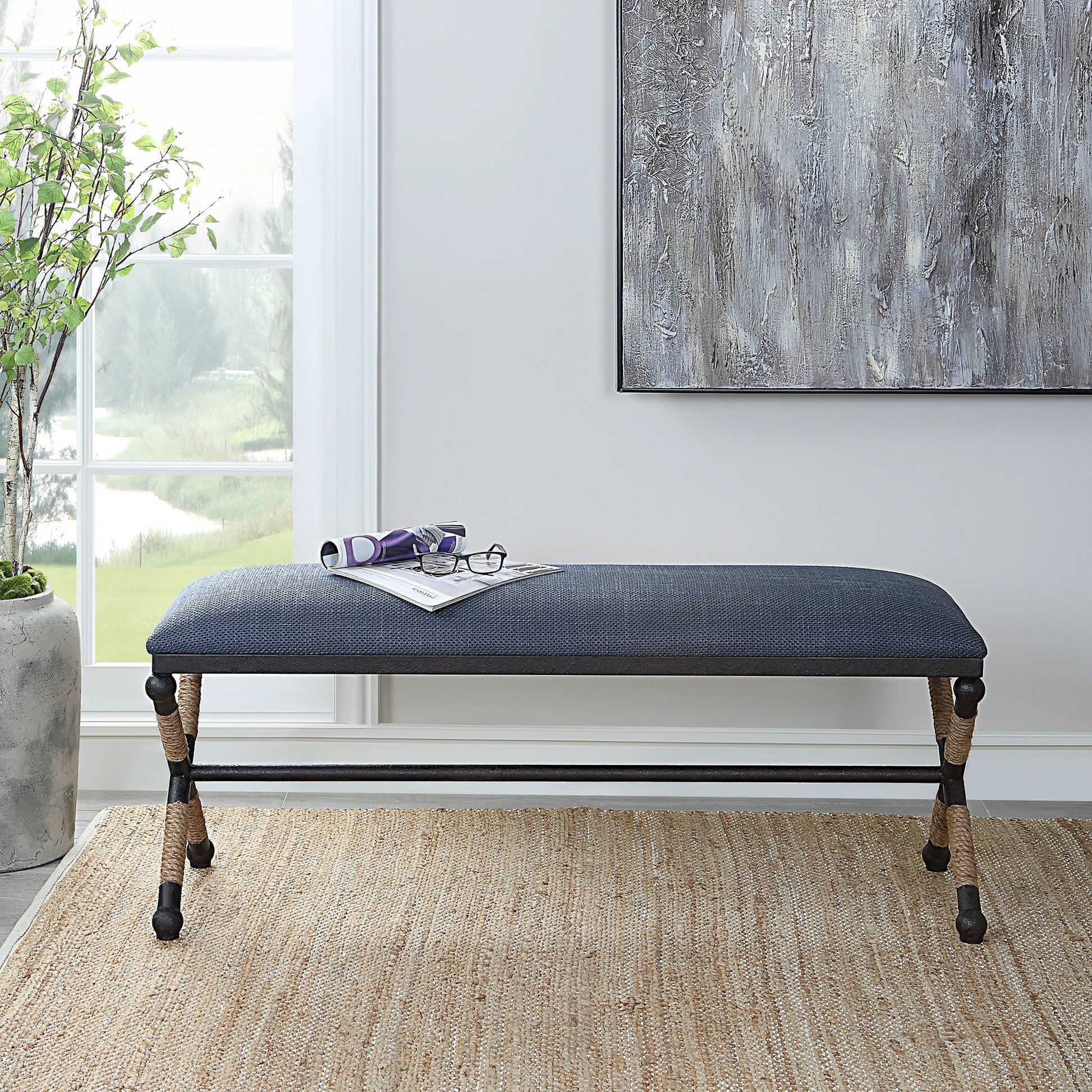 Firth Rustic Navy Bench by Uttermost in black, natural. Made from mdf, foam, fabric, iron, rope in a coastal style.