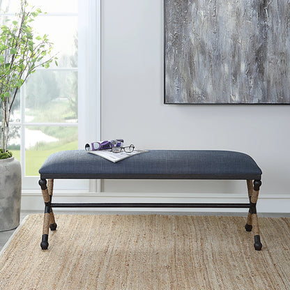 Firth Rustic Navy Bench by Uttermost in black, natural. Made from mdf, foam, fabric, iron, rope in a coastal style.