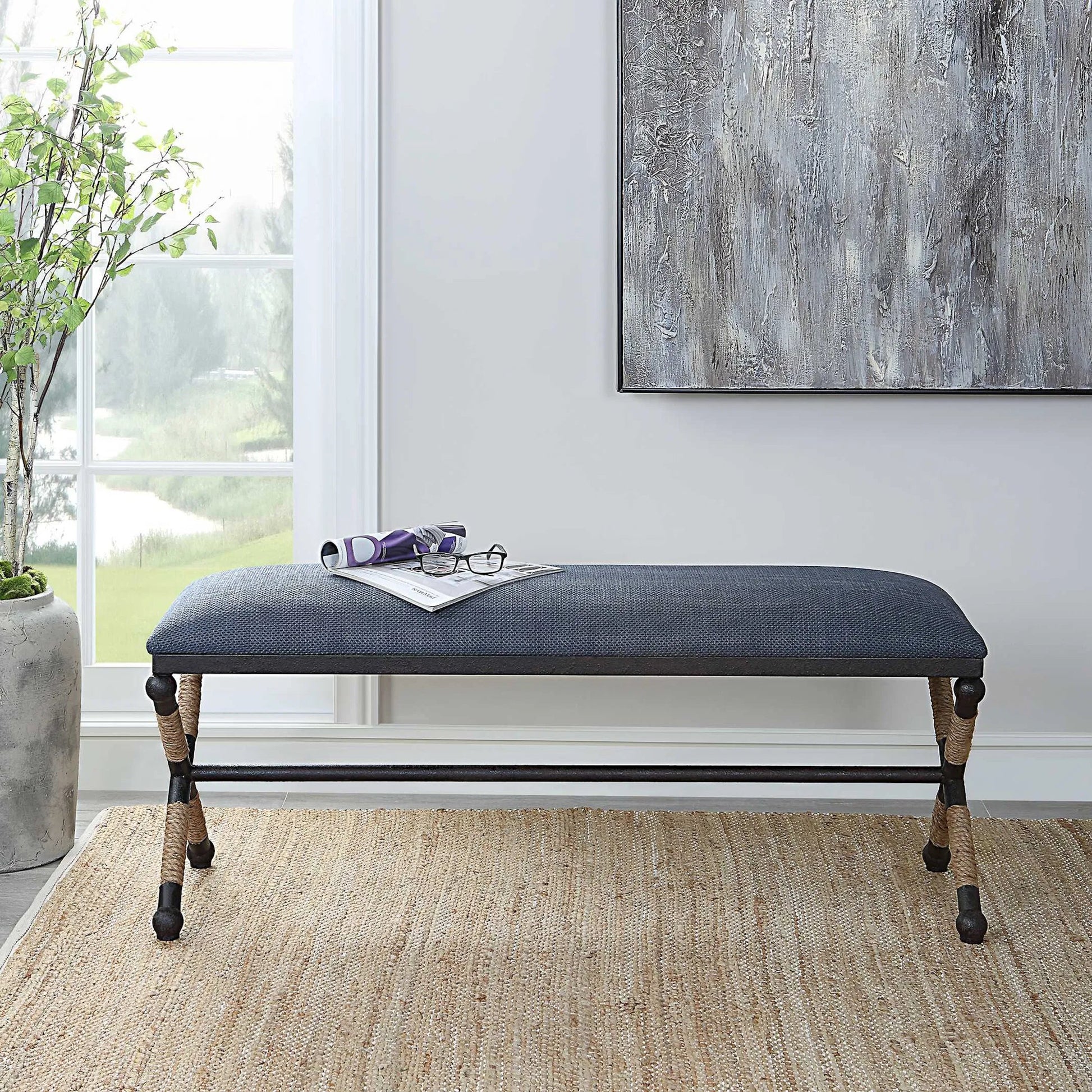 Firth Rustic Navy Bench by Uttermost in black, natural. Made from mdf, foam, fabric, iron, rope in a coastal style.