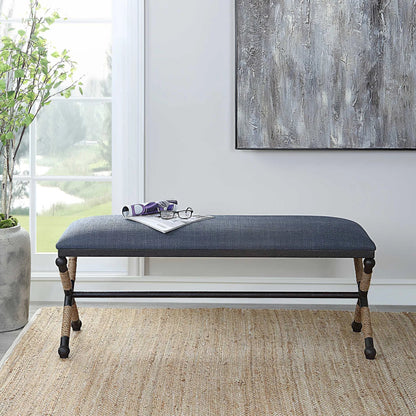 Firth Rustic Navy Bench by Uttermost in black, natural. Made from mdf, foam, fabric, iron, rope in a coastal style.