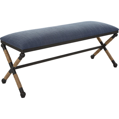 Firth Rustic Navy Bench by Uttermost in black, natural. Made from mdf, foam, fabric, iron, rope in a coastal style.