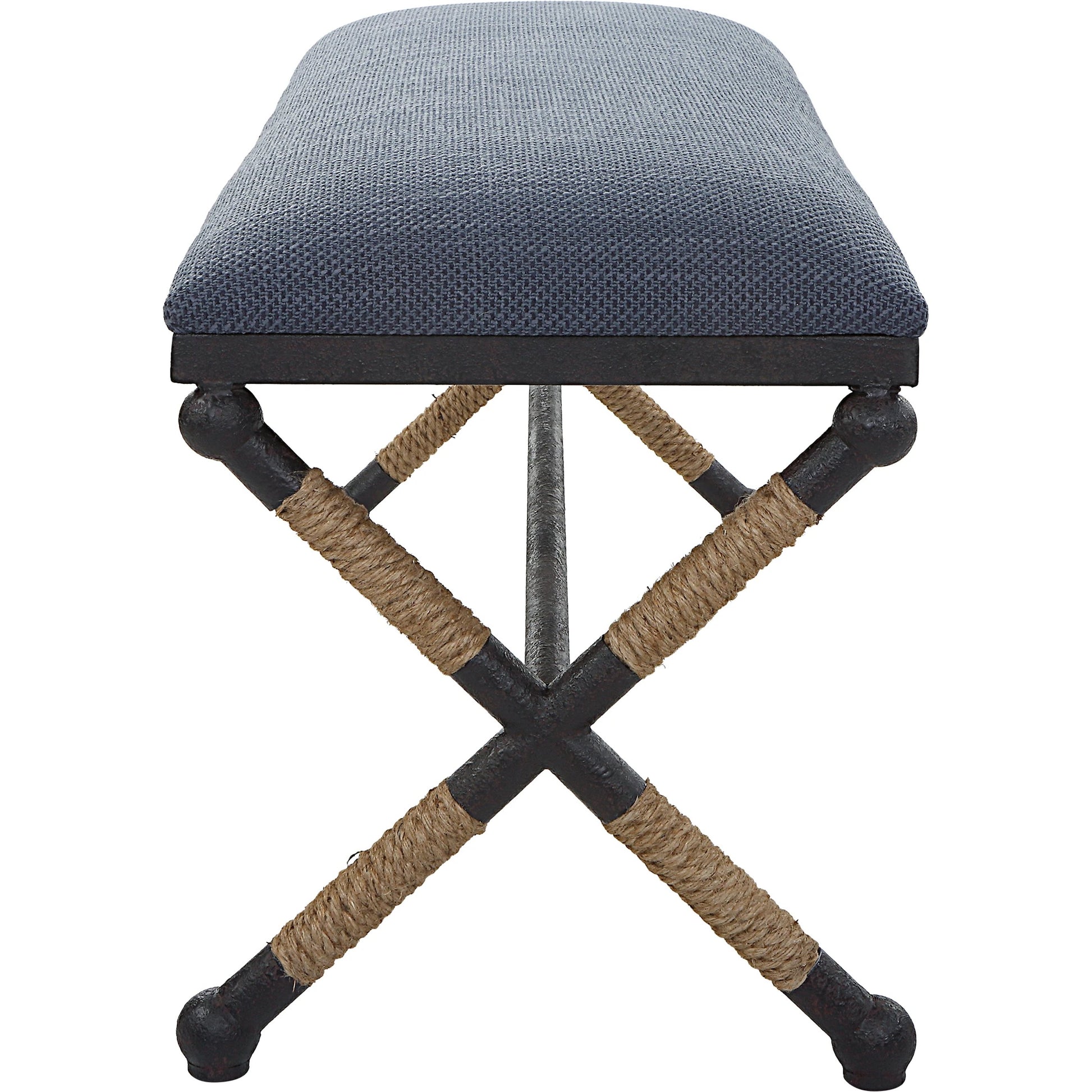 Firth Rustic Navy Bench by Uttermost in black, natural. Made from mdf, foam, fabric, iron, rope in a coastal style.