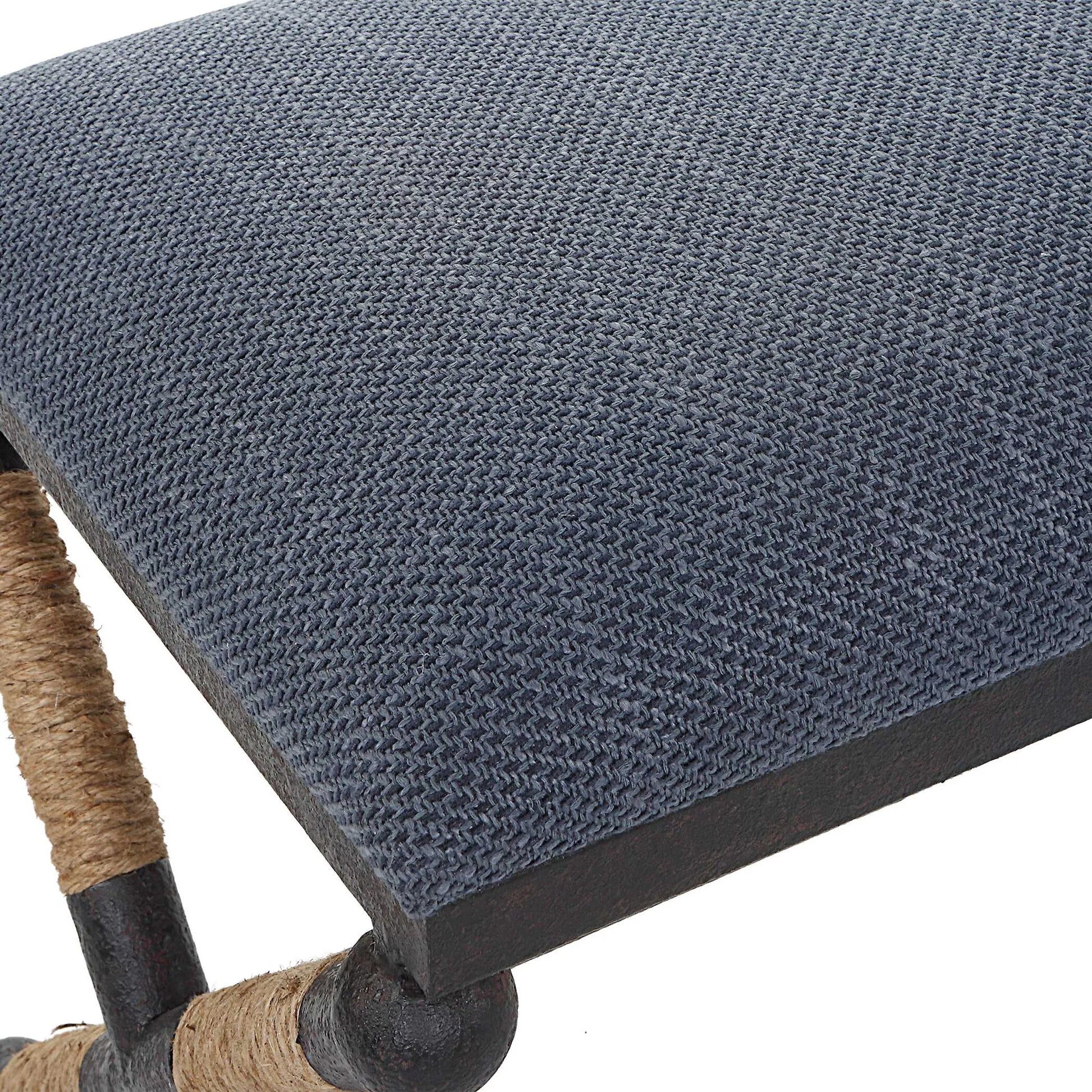 Firth Rustic Navy Bench by Uttermost in black, natural. Made from mdf, foam, fabric, iron, rope in a coastal style.