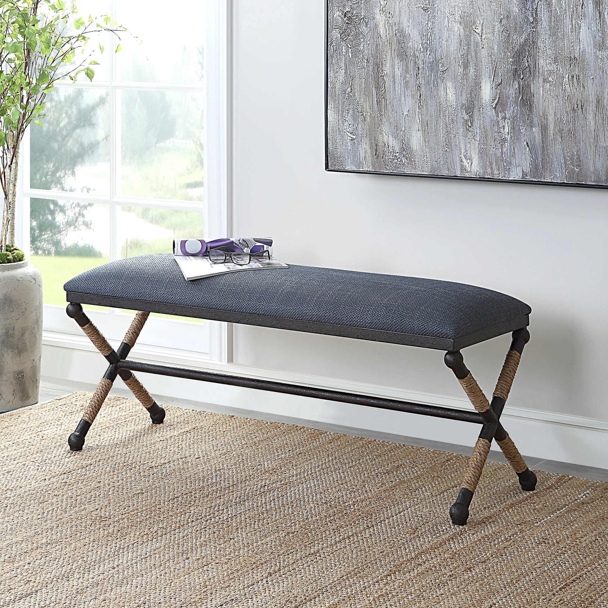 Firth Rustic Navy Bench by Uttermost in black, natural. Made from mdf, foam, fabric, iron, rope in a coastal style.