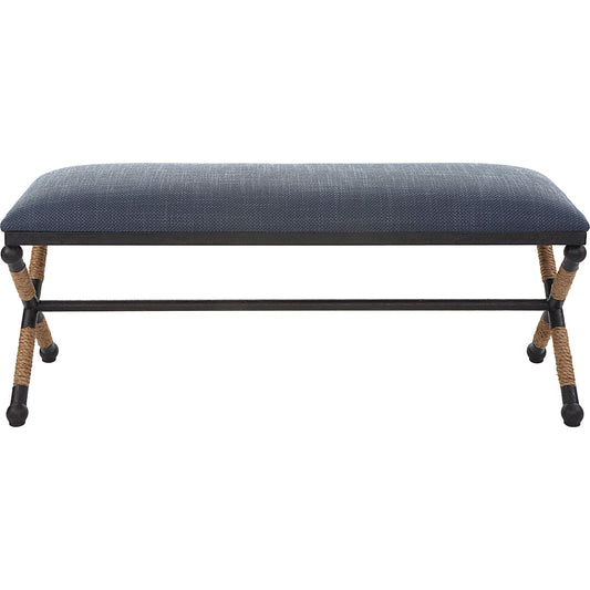 001 SI-1923690 | Primary Silo | Firth Rustic Navy Bench by Uttermost in black, natural. Made from mdf, foam, fabric, iron, rope in a coastal style.