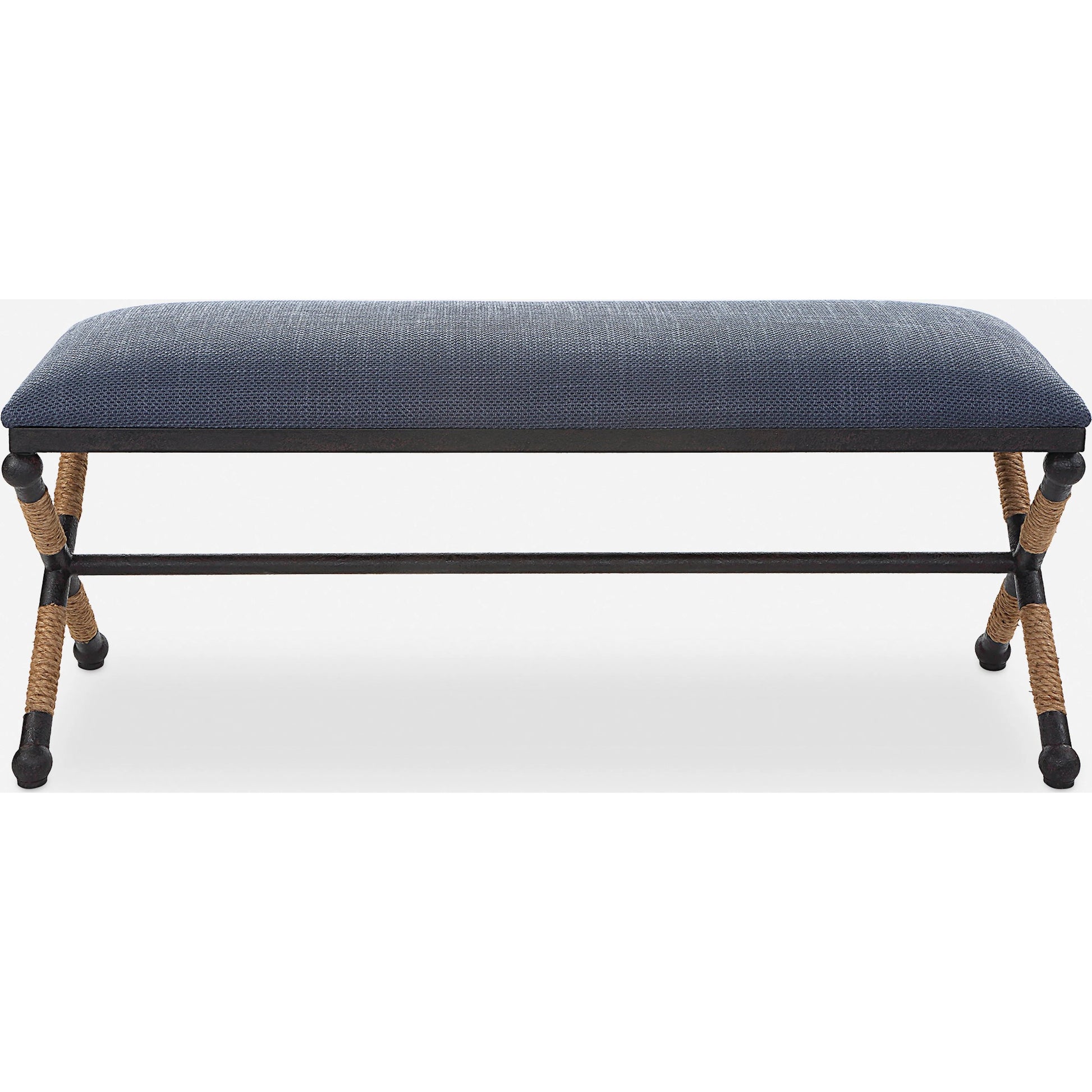Firth Rustic Navy Bench by Uttermost in black, natural. Made from mdf, foam, fabric, iron, rope in a coastal style.