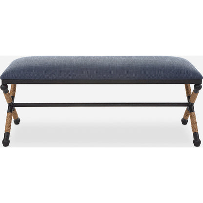 Firth Rustic Navy Bench by Uttermost in black, natural. Made from mdf, foam, fabric, iron, rope in a coastal style.