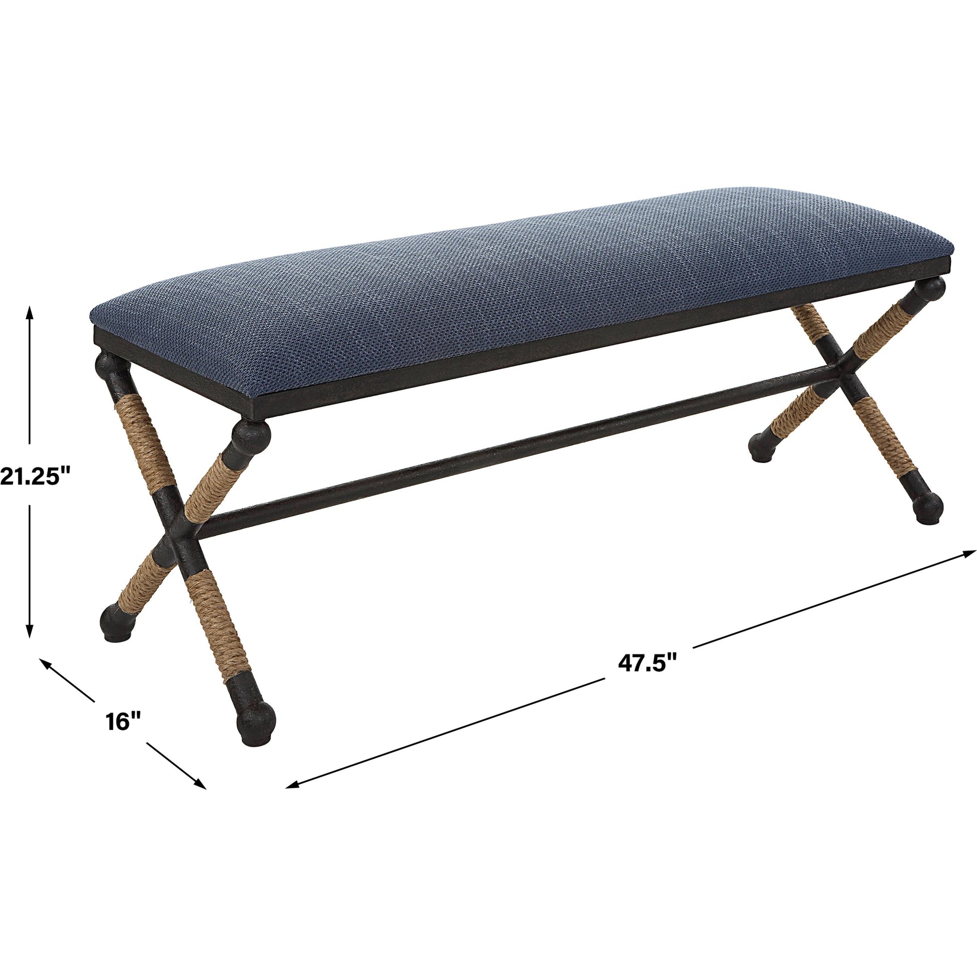 Firth Rustic Navy Bench by Uttermost in black, natural. Made from mdf, foam, fabric, iron, rope in a coastal style.