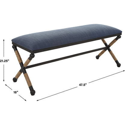 Firth Rustic Navy Bench by Uttermost in black, natural. Made from mdf, foam, fabric, iron, rope in a coastal style.