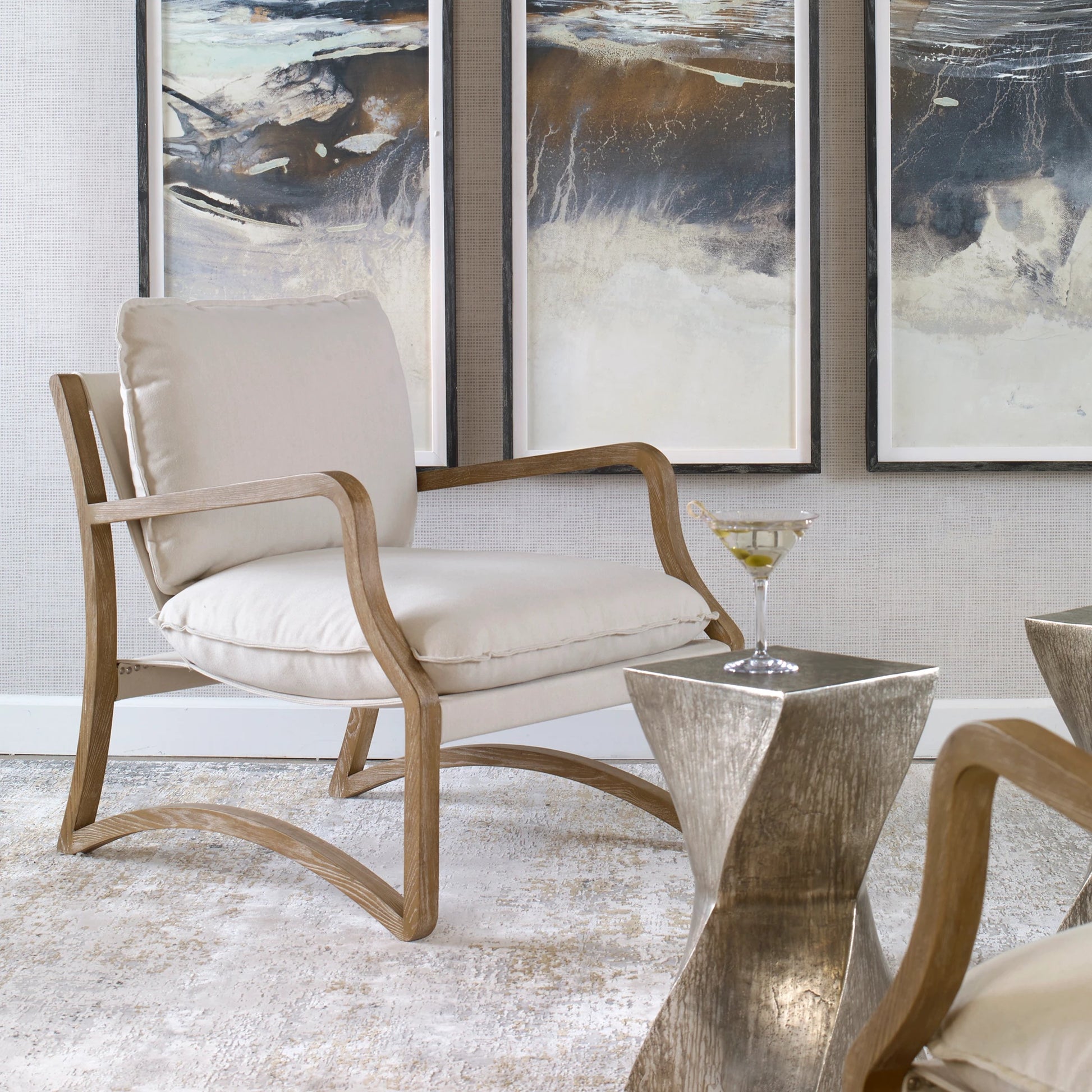 Melora Accent Chair by Uttermost in ceruse oak. Made from oak solid wood, fabric, metal, foam in a modern style.