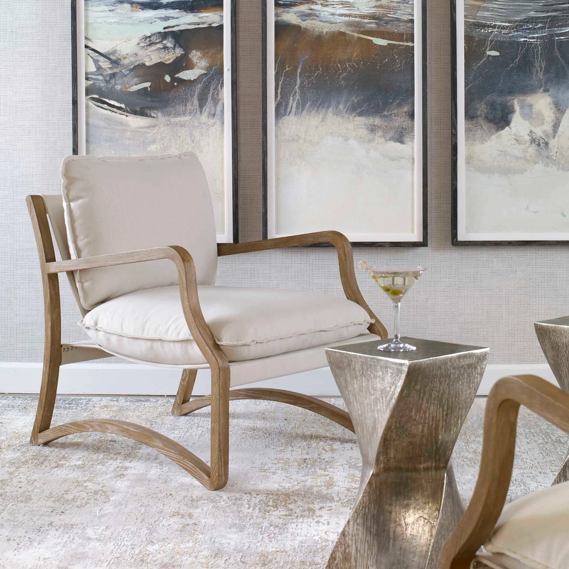 Melora Accent Chair by Uttermost in ceruse oak. Made from oak solid wood, fabric, metal, foam in a modern style.
