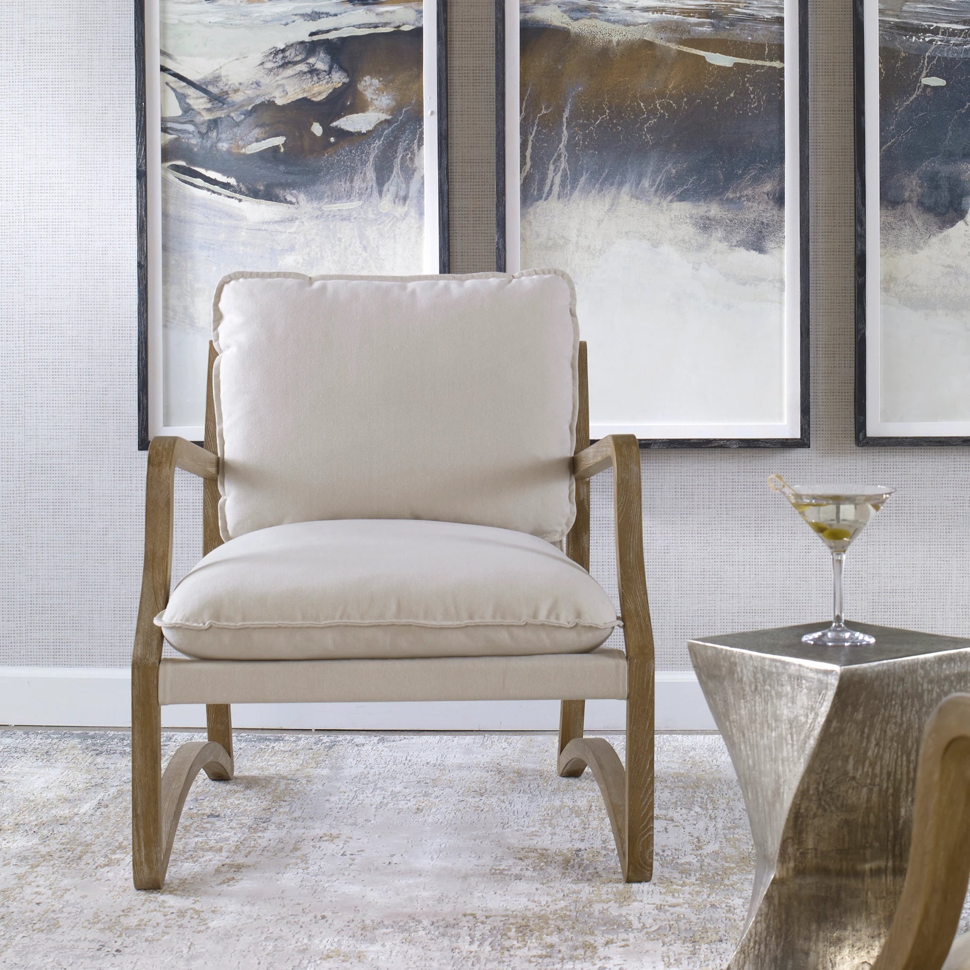Melora Accent Chair by Uttermost in ceruse oak. Made from oak solid wood, fabric, metal, foam in a modern style.