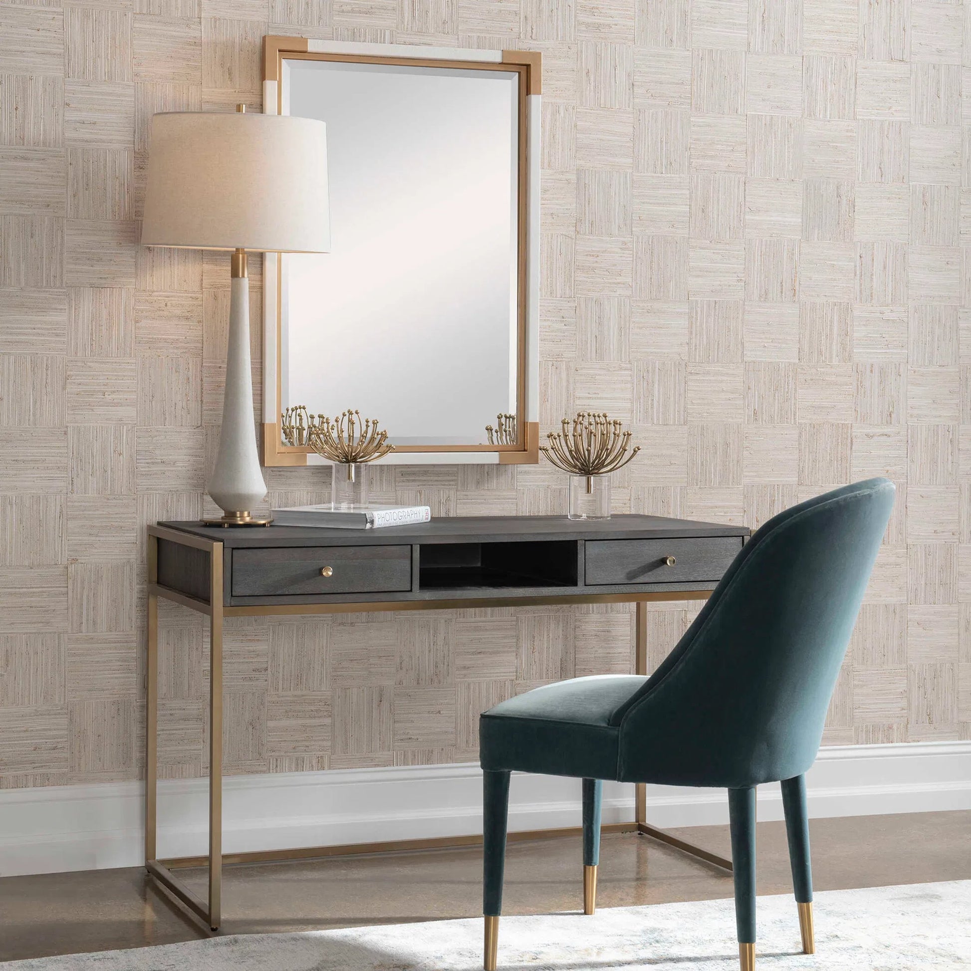 Taja Writing Desk by Uttermost in dark walnut, gray. Made from mdf, acacia veneer, stainless steel in a modern style.