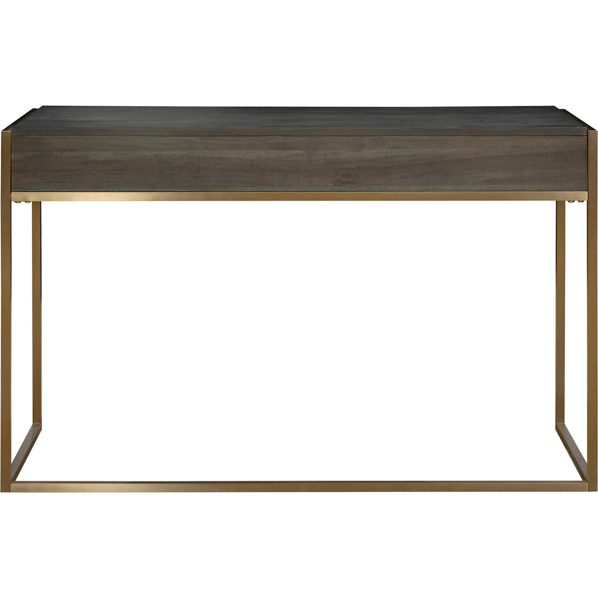 Taja Writing Desk by Uttermost in dark walnut, gray. Made from mdf, acacia veneer, stainless steel in a modern style.