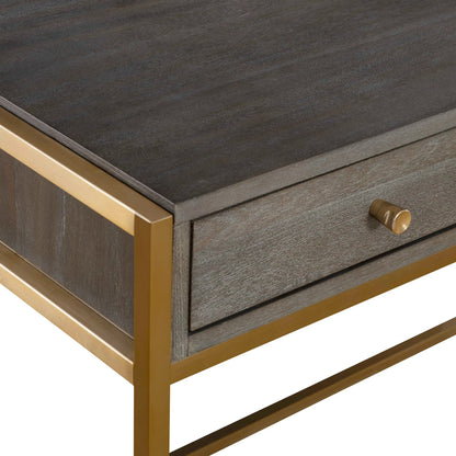 Taja Writing Desk by Uttermost in dark walnut, gray. Made from mdf, acacia veneer, stainless steel in a modern style.