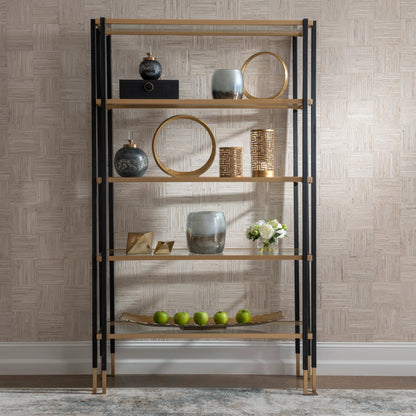 Kentmore Etagere by Uttermost in matte black, brushed gold. Made from iron, tempered glass in a modern style.