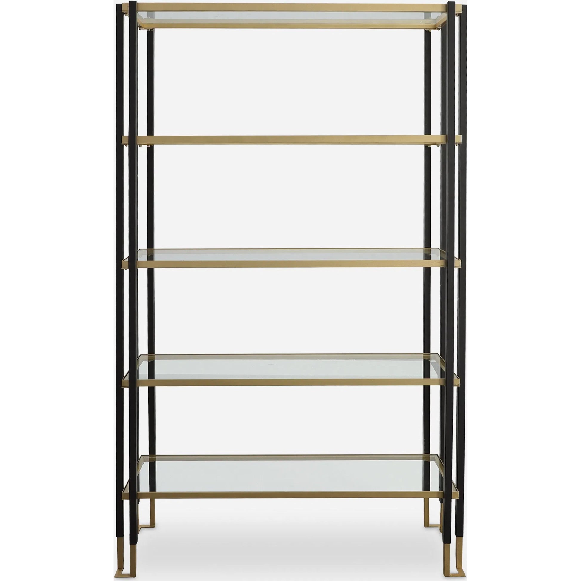Kentmore Etagere by Uttermost in matte black, brushed gold. Made from iron, tempered glass in a modern style.