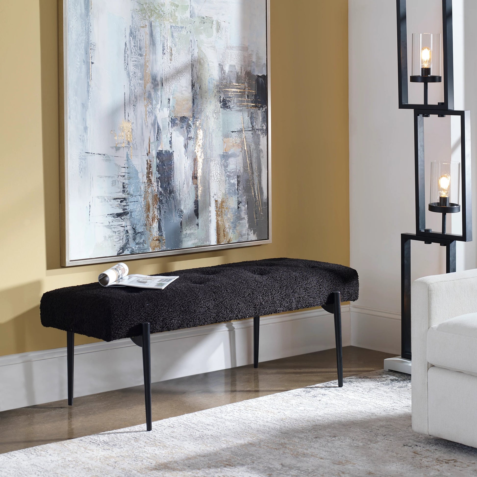 Olivier Bench by Uttermost. Made from stainless steel, fabric, plywood, foam in a modern style.