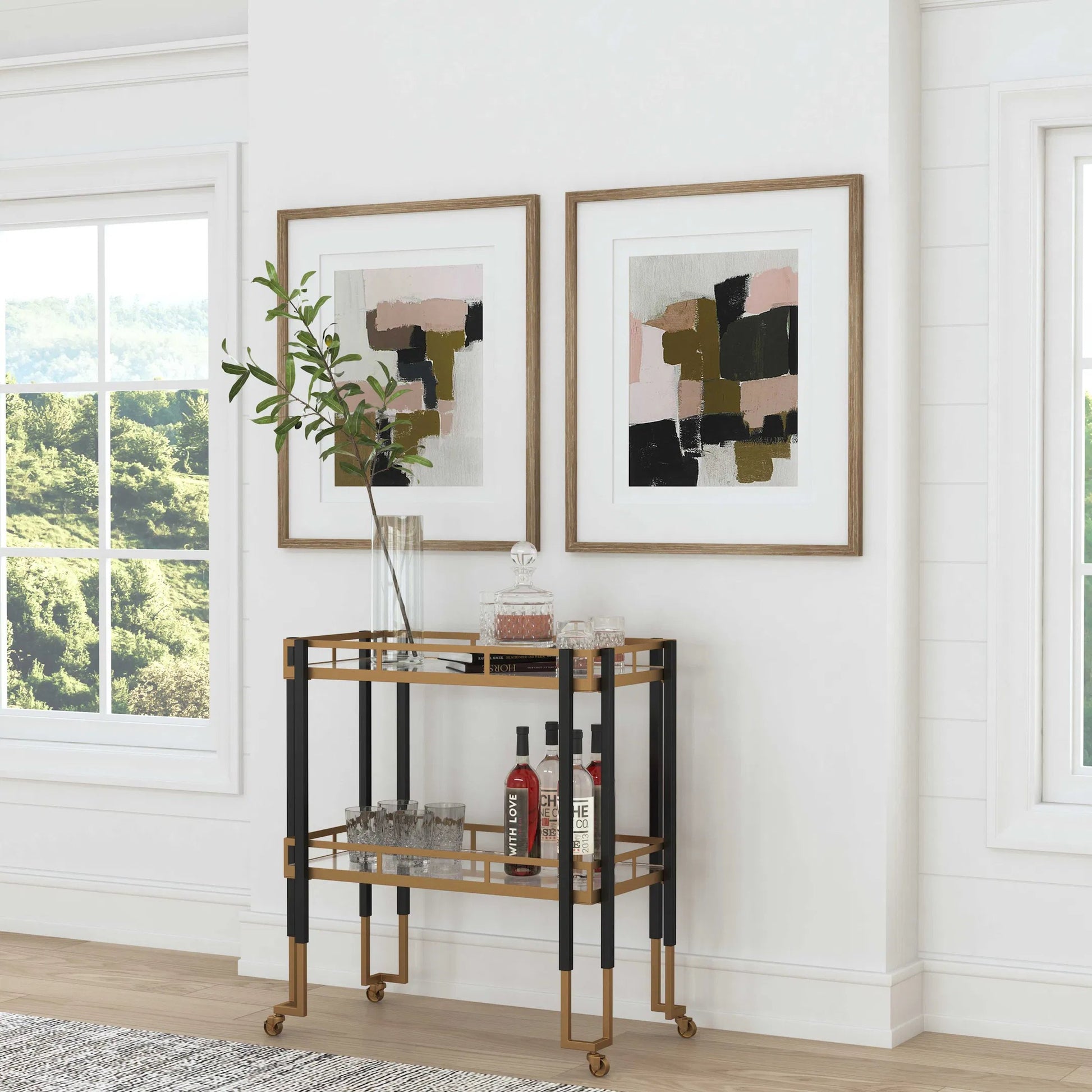 Kentmore Bar Cart by Uttermost in matte black, brushed gold. Made from iron, tempered glass in a modern style.