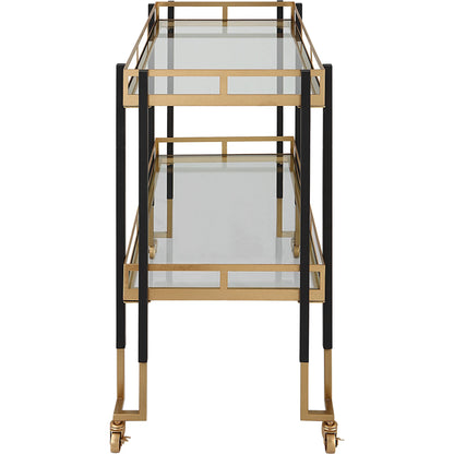 Kentmore Bar Cart by Uttermost in matte black, brushed gold. Made from iron, tempered glass in a modern style.