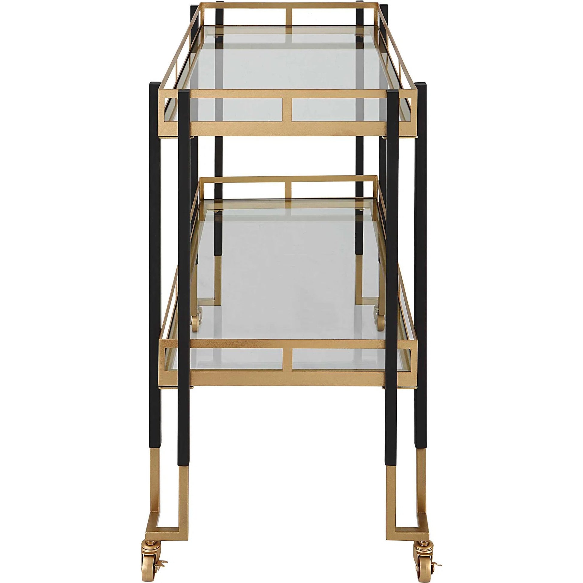 Kentmore Bar Cart by Uttermost in matte black, brushed gold. Made from iron, tempered glass in a modern style.