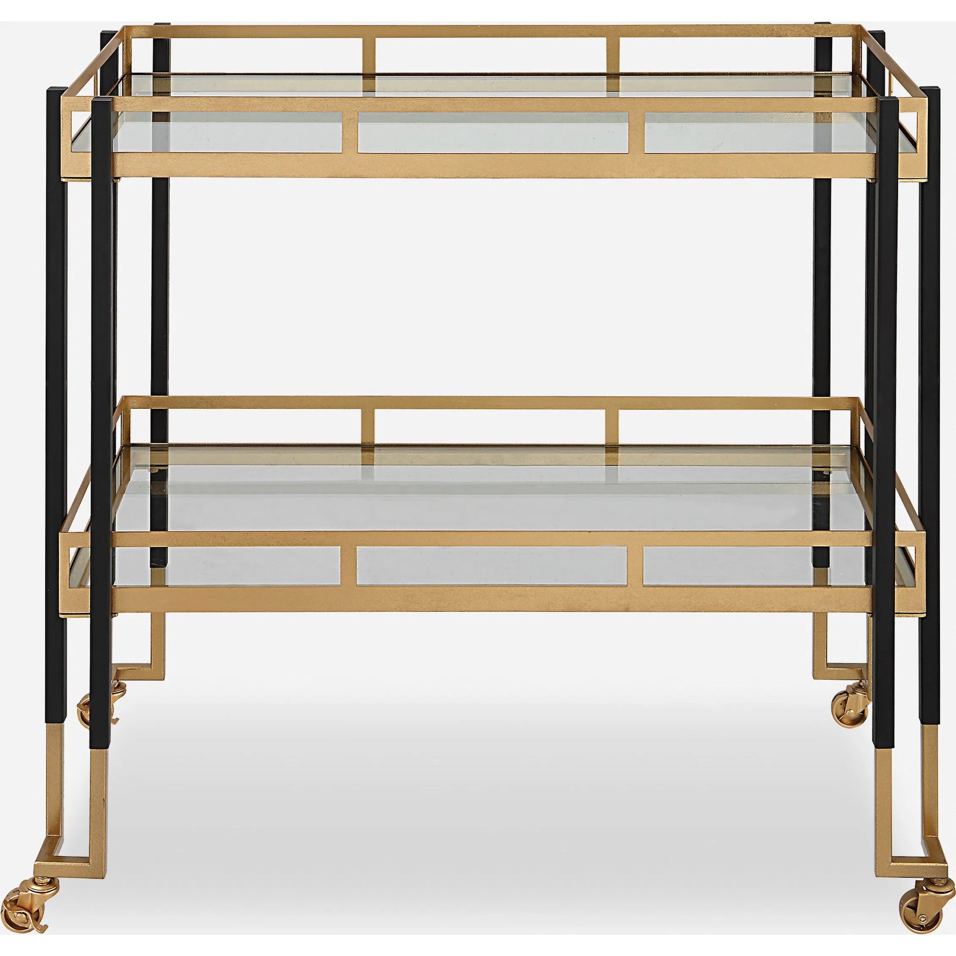 Kentmore Bar Cart by Uttermost in matte black, brushed gold. Made from iron, tempered glass in a modern style.