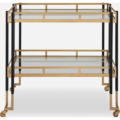 Kentmore Bar Cart by Uttermost in matte black, brushed gold. Made from iron, tempered glass in a modern style.