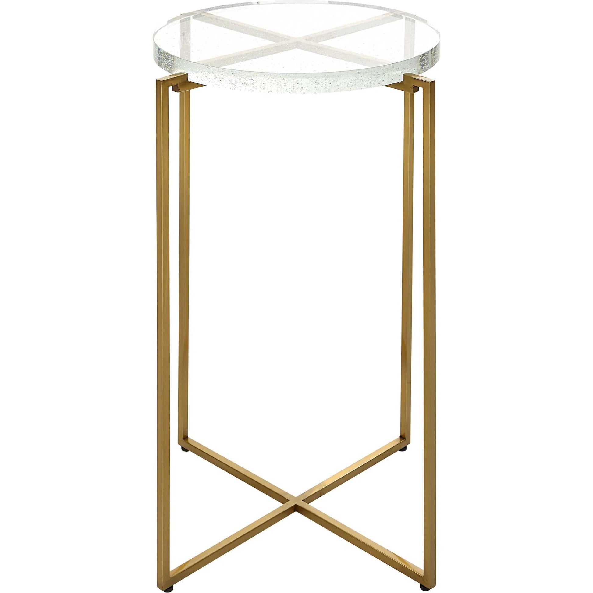 Star-Crossed Accent Table by Uttermost in gold. Made from seeded thick glass, stainless steel in a modern style.