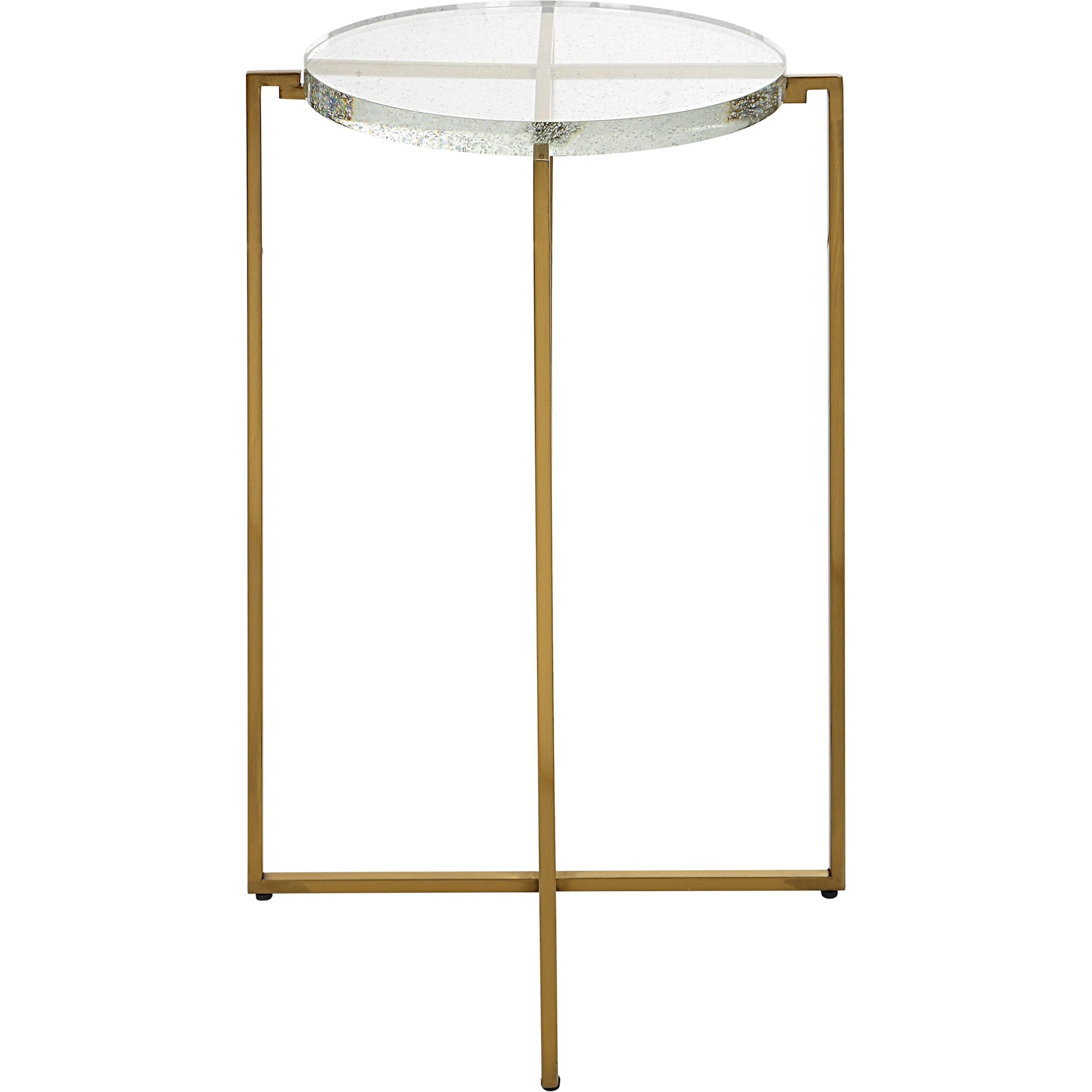 Star-Crossed Accent Table by Uttermost in gold. Made from seeded thick glass, stainless steel in a modern style.