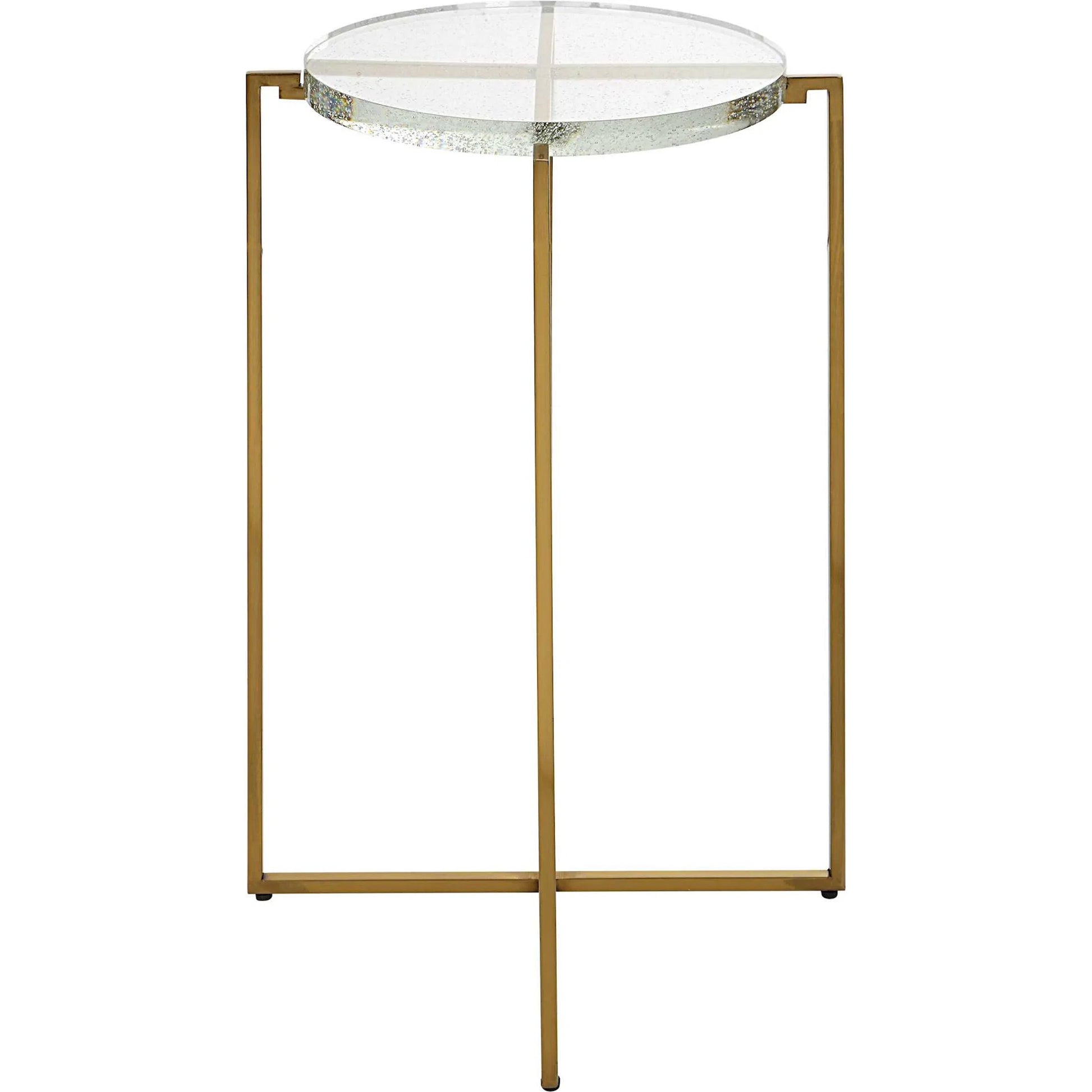Star-Crossed Accent Table by Uttermost in gold. Made from seeded thick glass, stainless steel in a modern style.