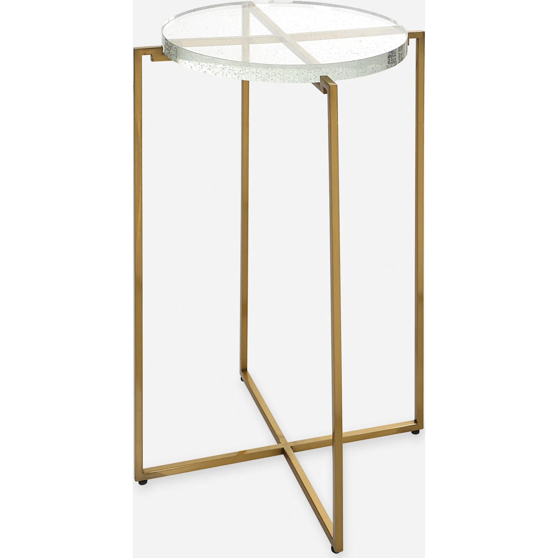 Star-Crossed Accent Table by Uttermost in gold. Made from seeded thick glass, stainless steel in a modern style.