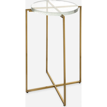 Star-Crossed Accent Table by Uttermost in gold. Made from seeded thick glass, stainless steel in a modern style.