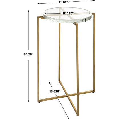 Star-Crossed Accent Table by Uttermost in gold. Made from seeded thick glass, stainless steel in a modern style.
