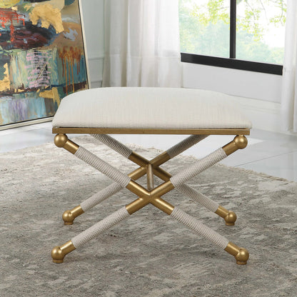 Socialite Bench by Uttermost in white and gold leaf. Made from iron, mdf, fabric, foam, yarn in a modern style.