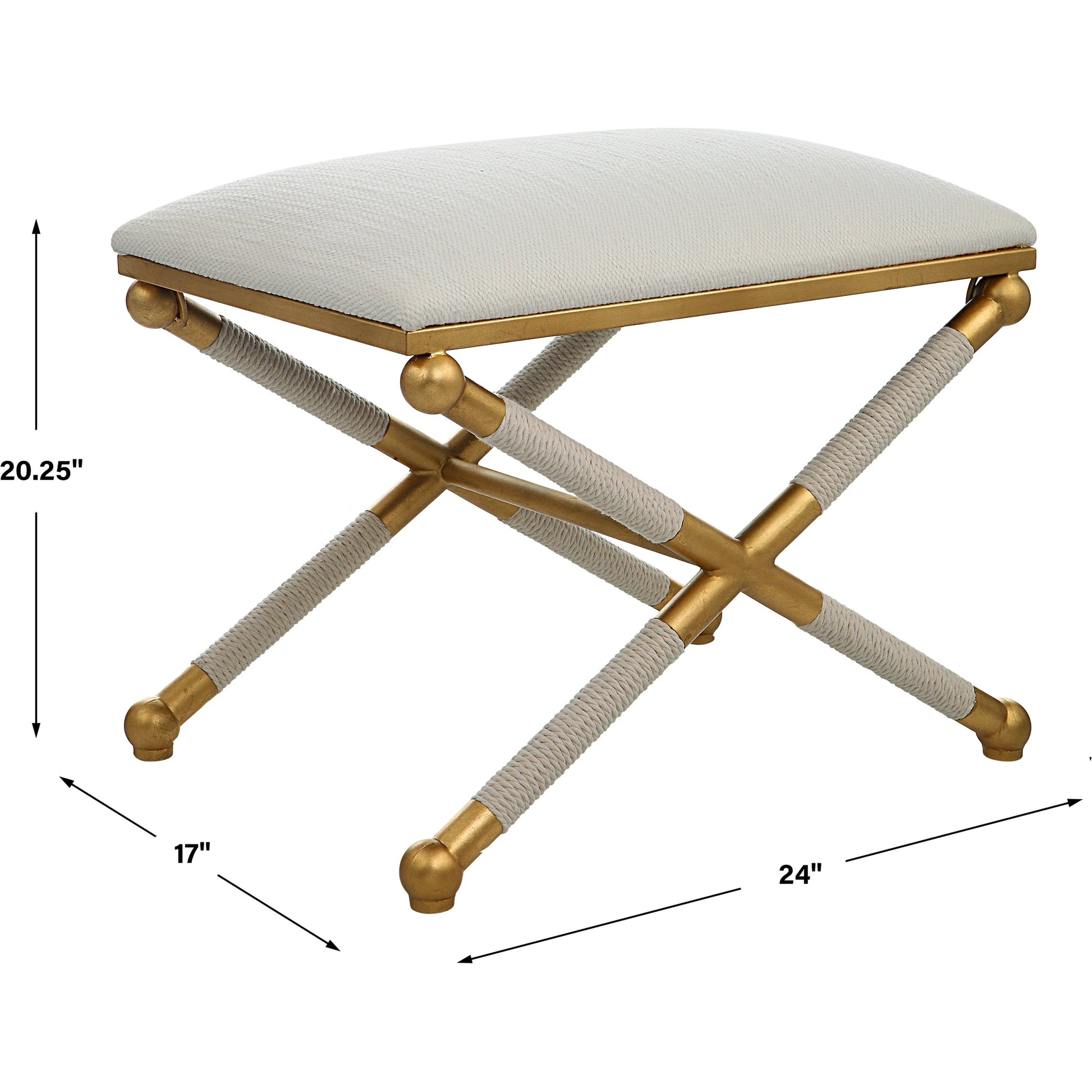 Socialite Bench by Uttermost in white and gold leaf. Made from iron, mdf, fabric, foam, yarn in a modern style.