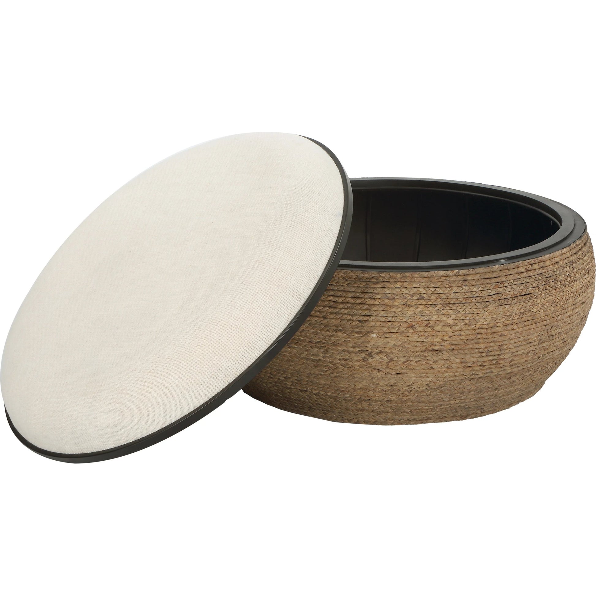 Island Ottoman by Uttermost. Made from mdf, straw, iron, fir, foam, linen, dacron in a coastal style.