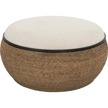 Island Ottoman by Uttermost. Made from mdf, straw, iron, fir, foam, linen, dacron in a coastal style.