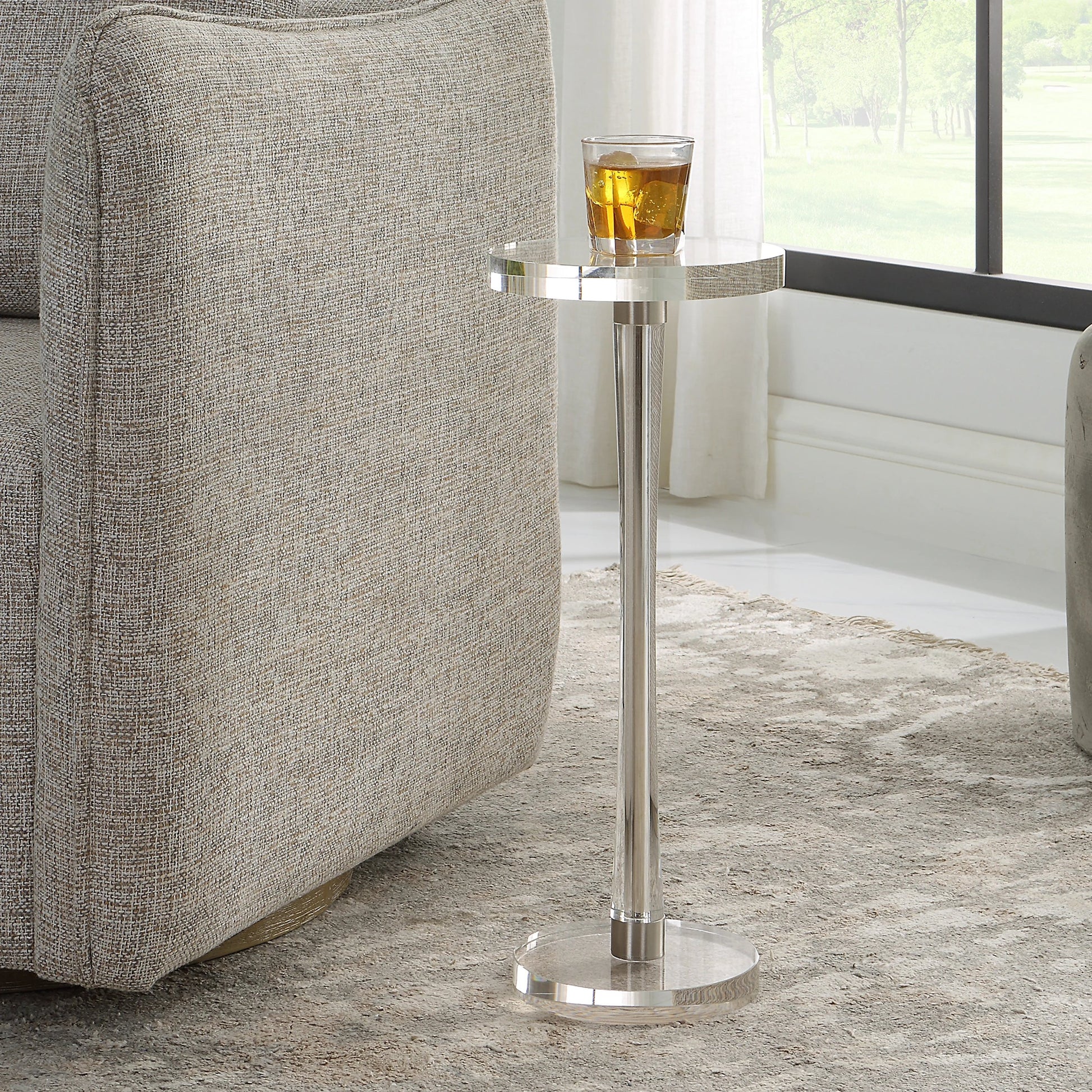Pria Drink Table by Uttermost in crystal, brushed nickel. Made from crystal, iron in a modern style.