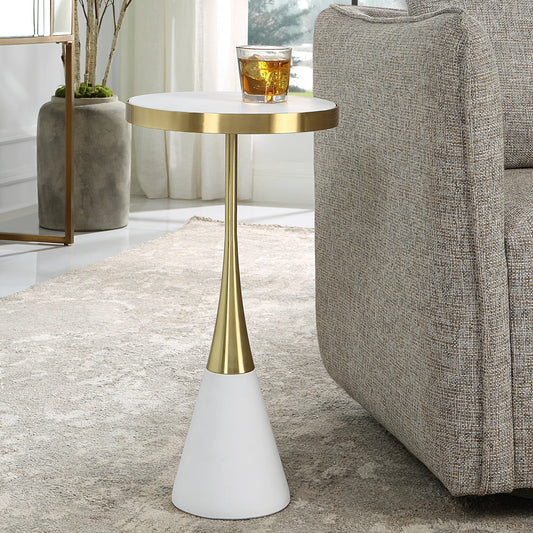 Apex Accent Table by Uttermost in matte white, brass. Made from concrete, metal in a modern style.